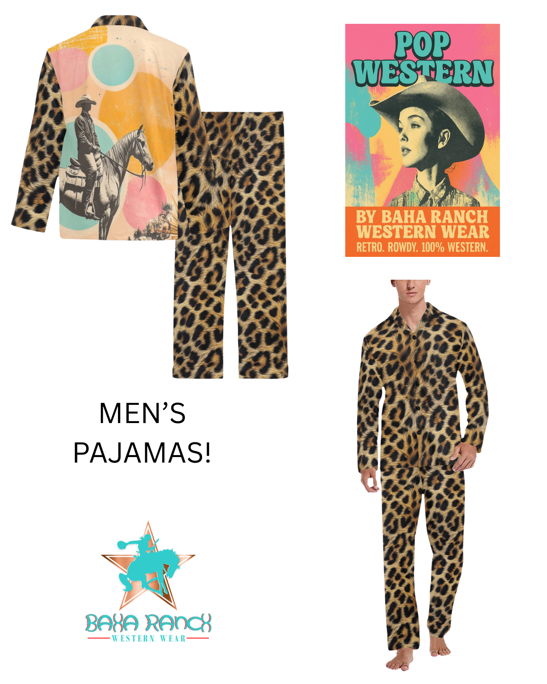 Baha Ranch Retro Pop Western Leopard Cowboy Pajamas