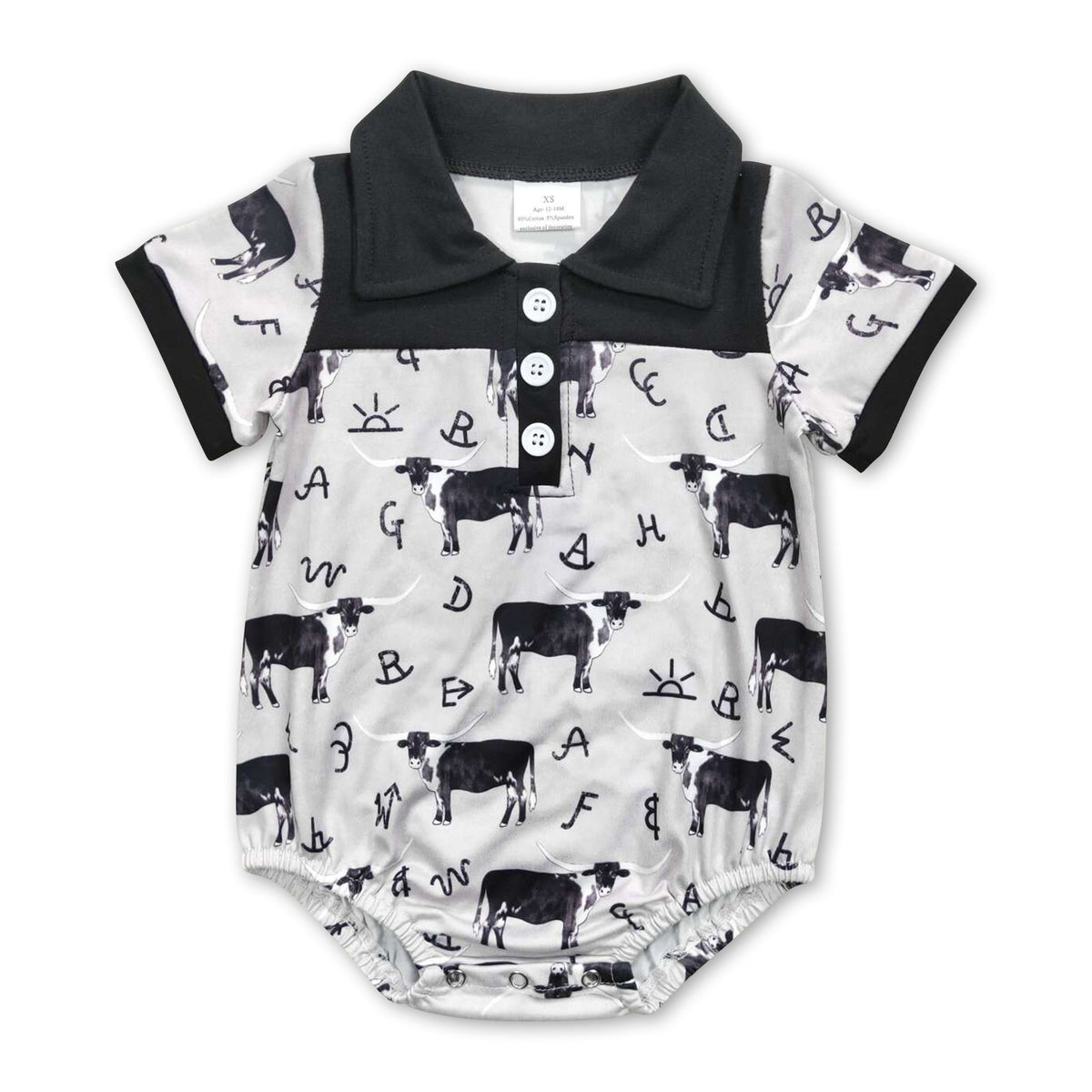 Short sleeves black cow baby boys polo romper