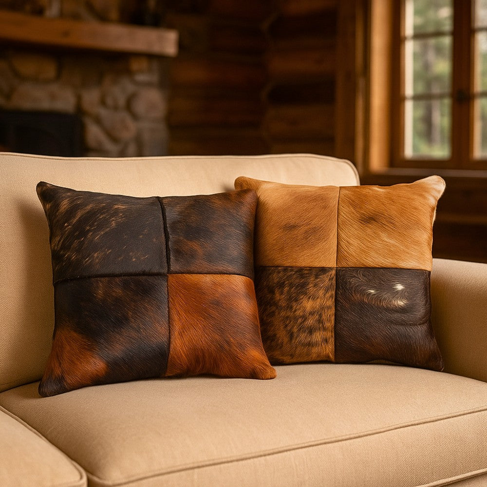Genuine Cowhide Patchwork Pillow – Hair-on-Hide Both Sides, 16×16