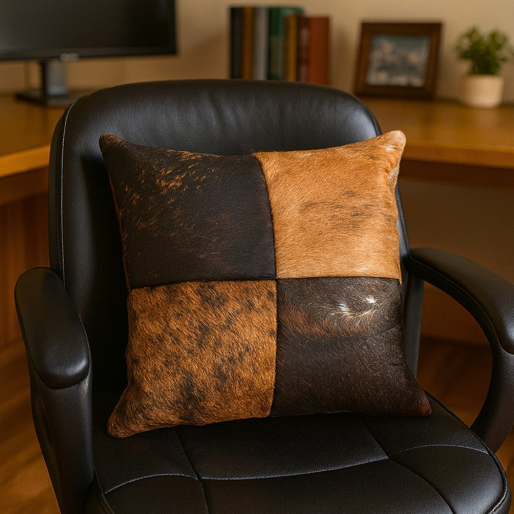 Genuine Cowhide Patchwork Pillow – Hair-on-Hide Both Sides, 16×16