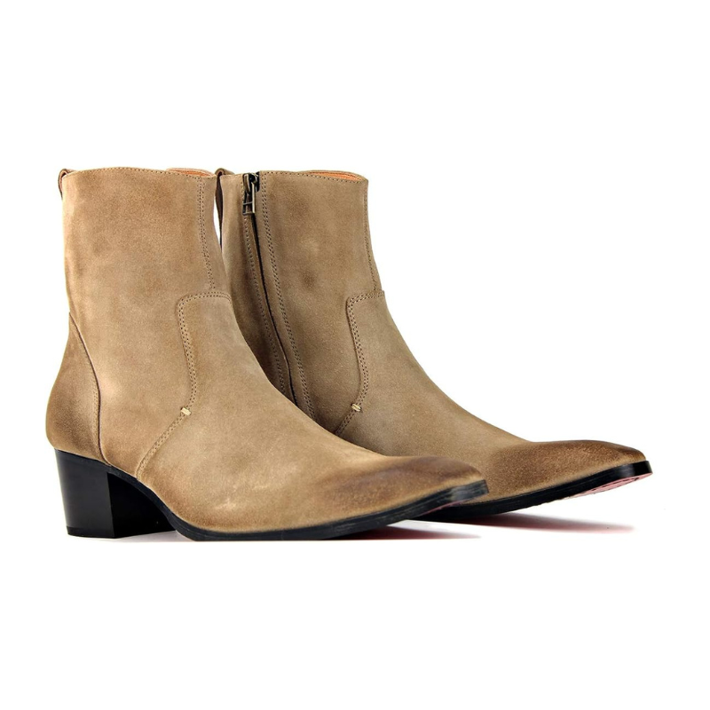 OSSTONE Men Chelsea Ankle Boots Leather Heeled Boots With Side Zipper Cuban Heel Dress Boots Disco Shoes OS-JY002 SUEDE