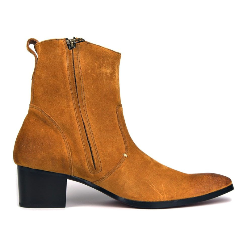 OSSTONE Men Chelsea Ankle Boots Leather Heeled Boots With Side Zipper Cuban Heel Dress Boots Disco Shoes OS-JY002 SUEDE
