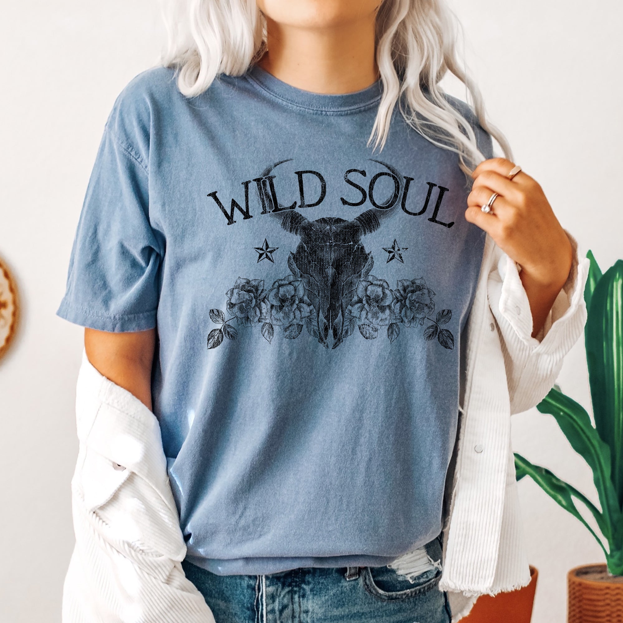 Wild Soul Cowboy Skull Roses Country Cowgirl Western Spirit Vintage Comfort Colors Tee