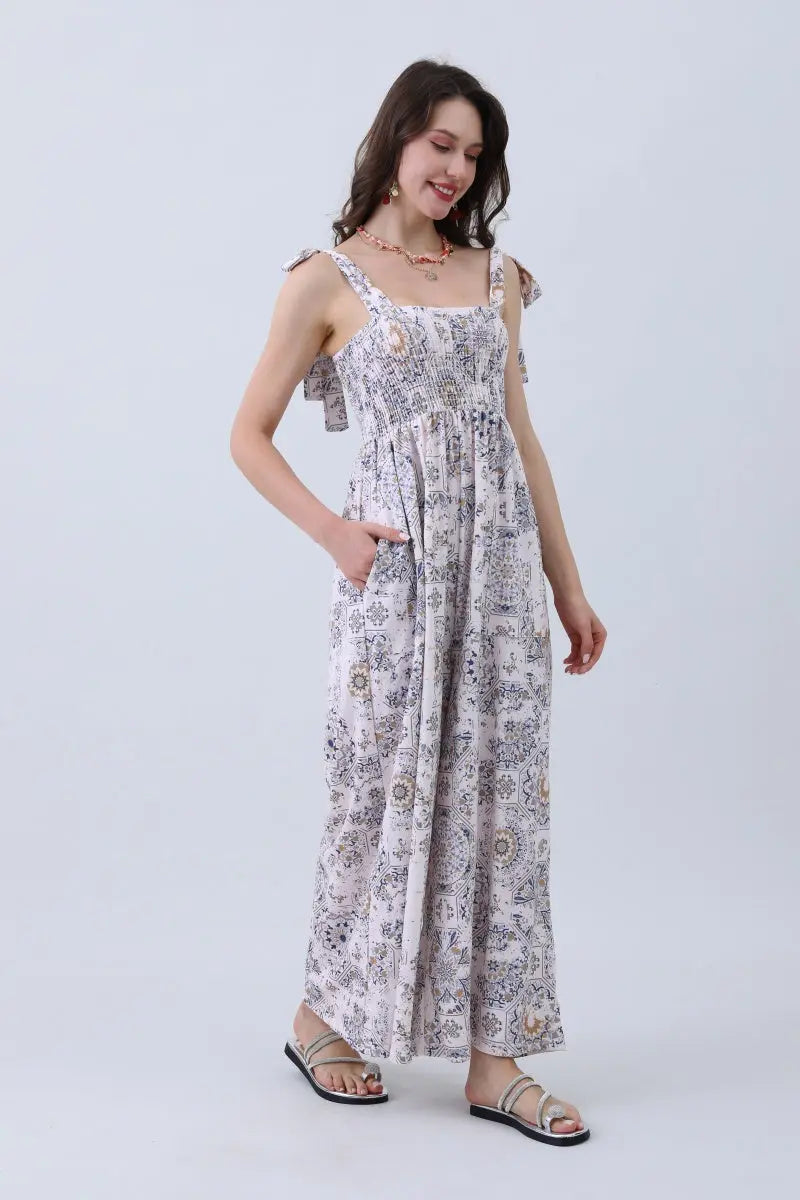 Women’s Floral Print Jumpsuit – Elasticized Bust & Dreamy Wide-Leg Cut