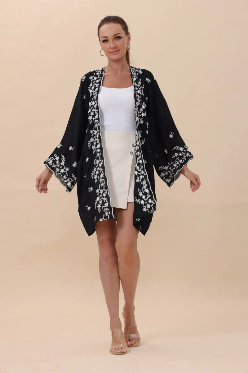 Floral Embroidered Open Front Kimono Cardigan – Lightweight
