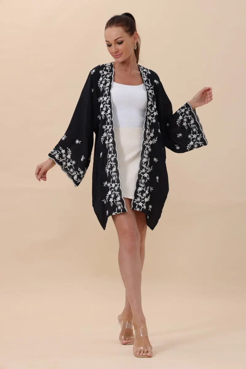 Floral Embroidered Open Front Kimono Cardigan – Lightweight