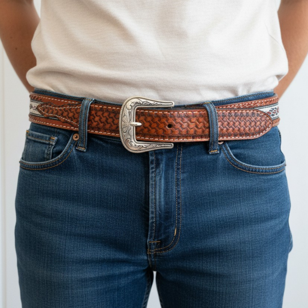 Western Leather Belt - Woven Aztec