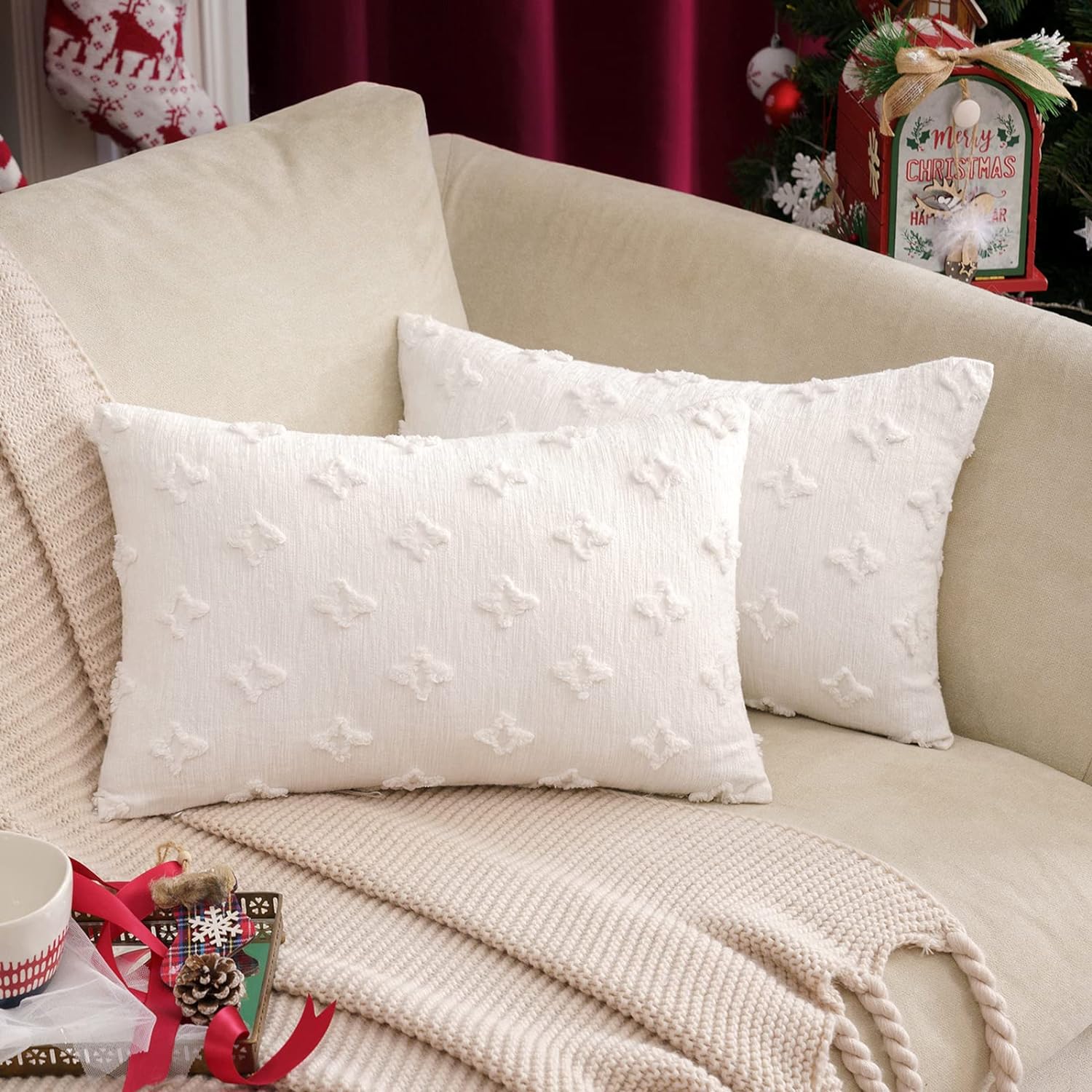 12''x20'' tufted floral lumbar support 100% cotton throw pillow | 7 colors textured daisy stitch design | boho chic lumbar & accent pillow | insert included