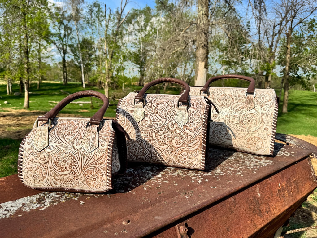 A Cowgirls Promise - western wedding bridal leather barrel speedy bag purse by Double B - Quarter Circle AK Boutique