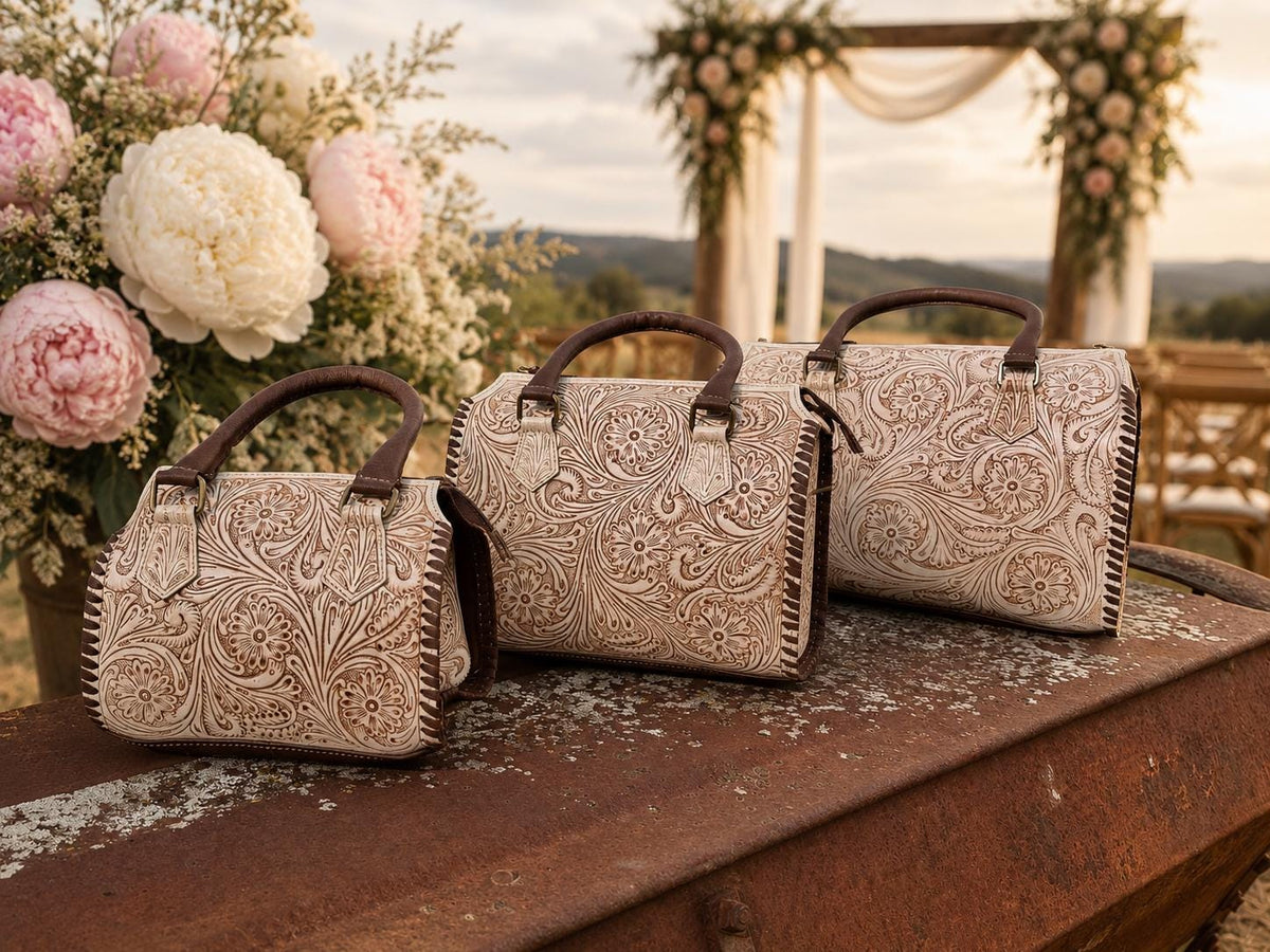 A Cowgirls Promise - western wedding bridal leather barrel speedy bag purse by Double B - Quarter Circle AK Boutique