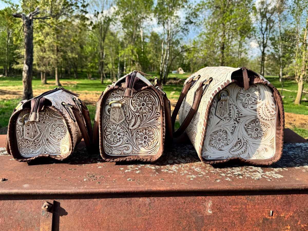 A Cowgirls Promise - western wedding bridal leather barrel speedy bag purse by Double B - Quarter Circle AK Boutique