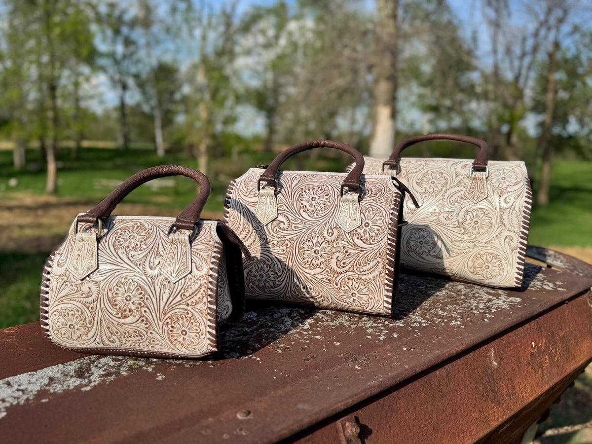 A Cowgirls Promise - western wedding bridal leather barrel speedy bag purse by Double B - Quarter Circle AK Boutique