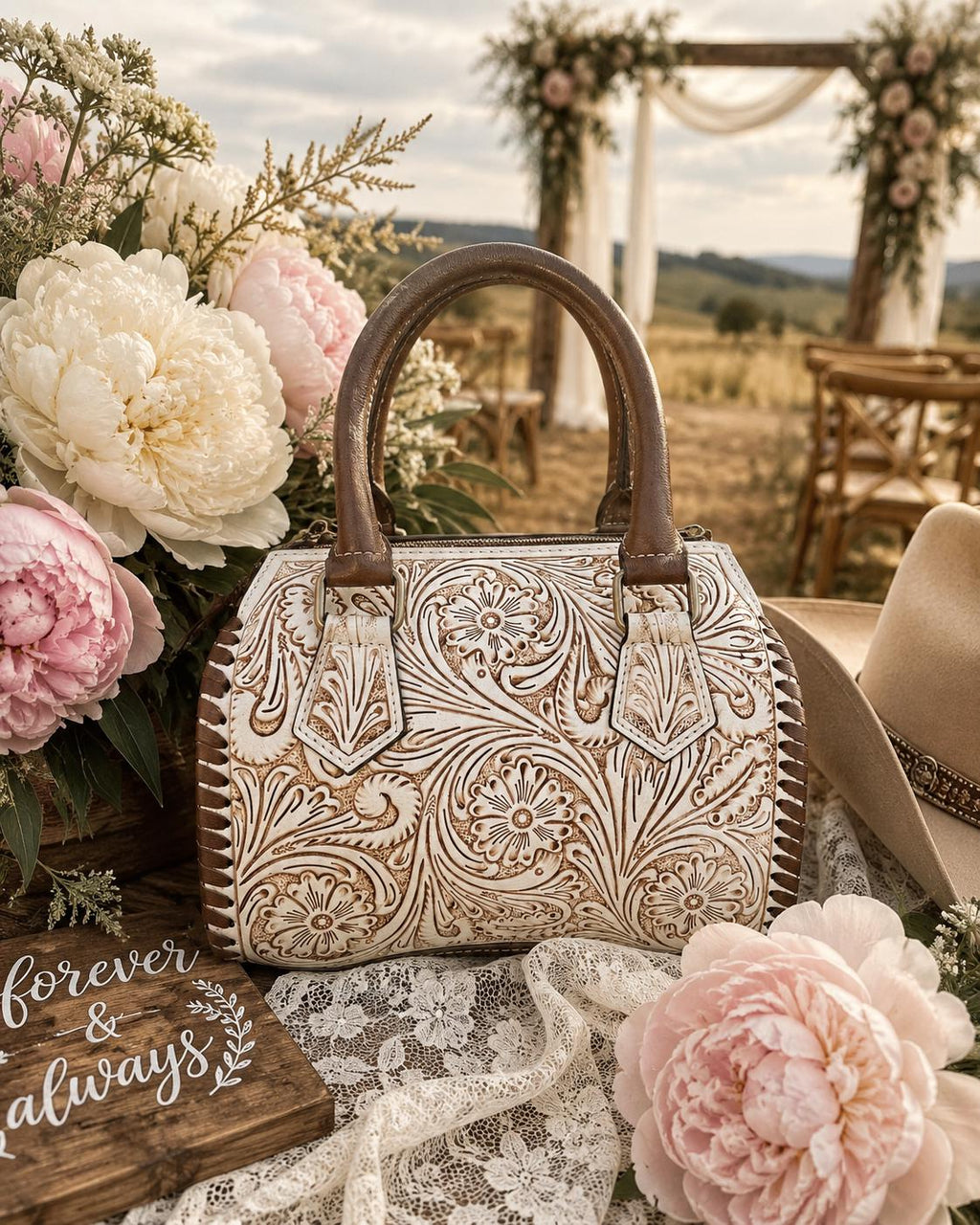 A Cowgirls Promise - western wedding bridal leather barrel speedy bag purse by Double B - Quarter Circle AK Boutique