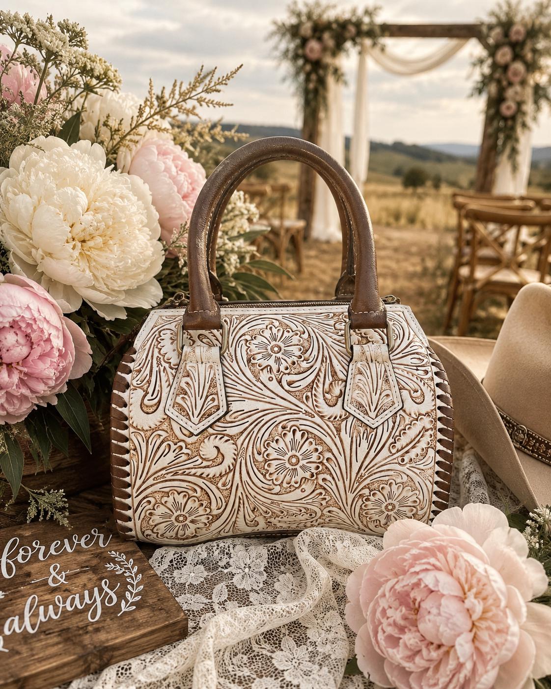 A Cowgirls Promise - western wedding bridal leather barrel speedy bag purse by Double B - Quarter Circle AK Boutique