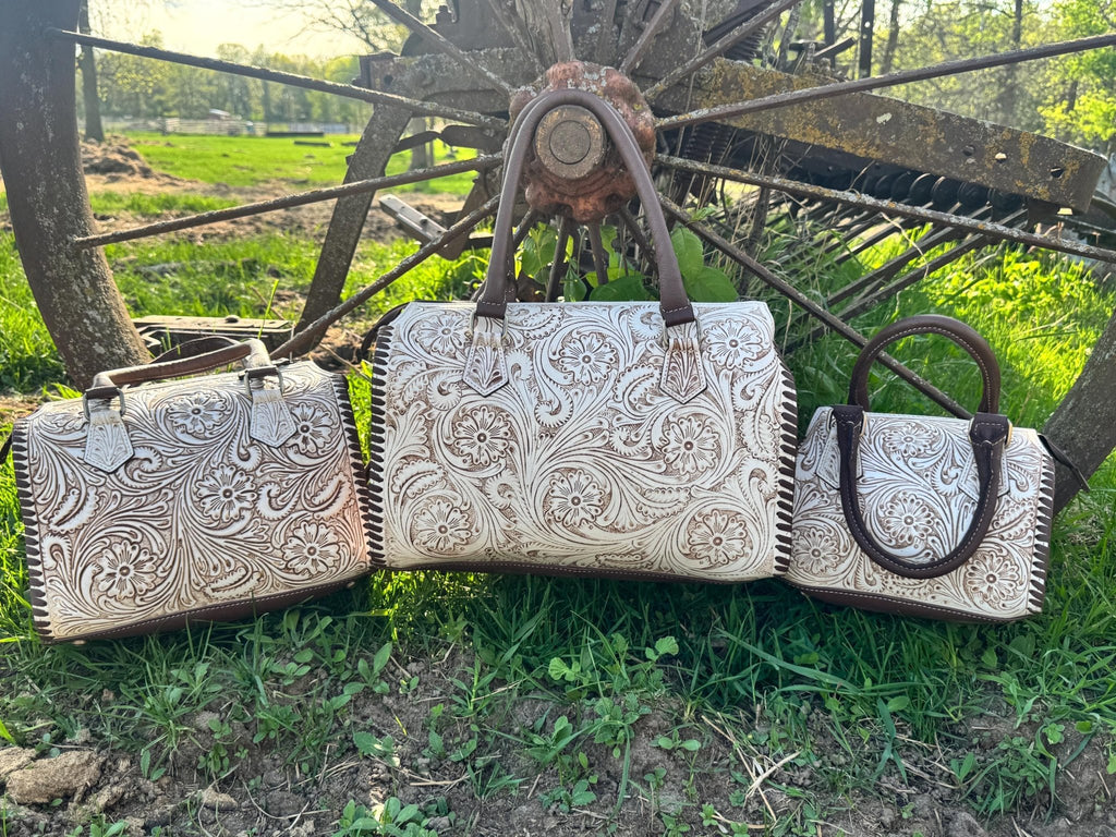 A Cowgirls Promise - western wedding bridal leather barrel speedy bag purse by Double B - Quarter Circle AK Boutique