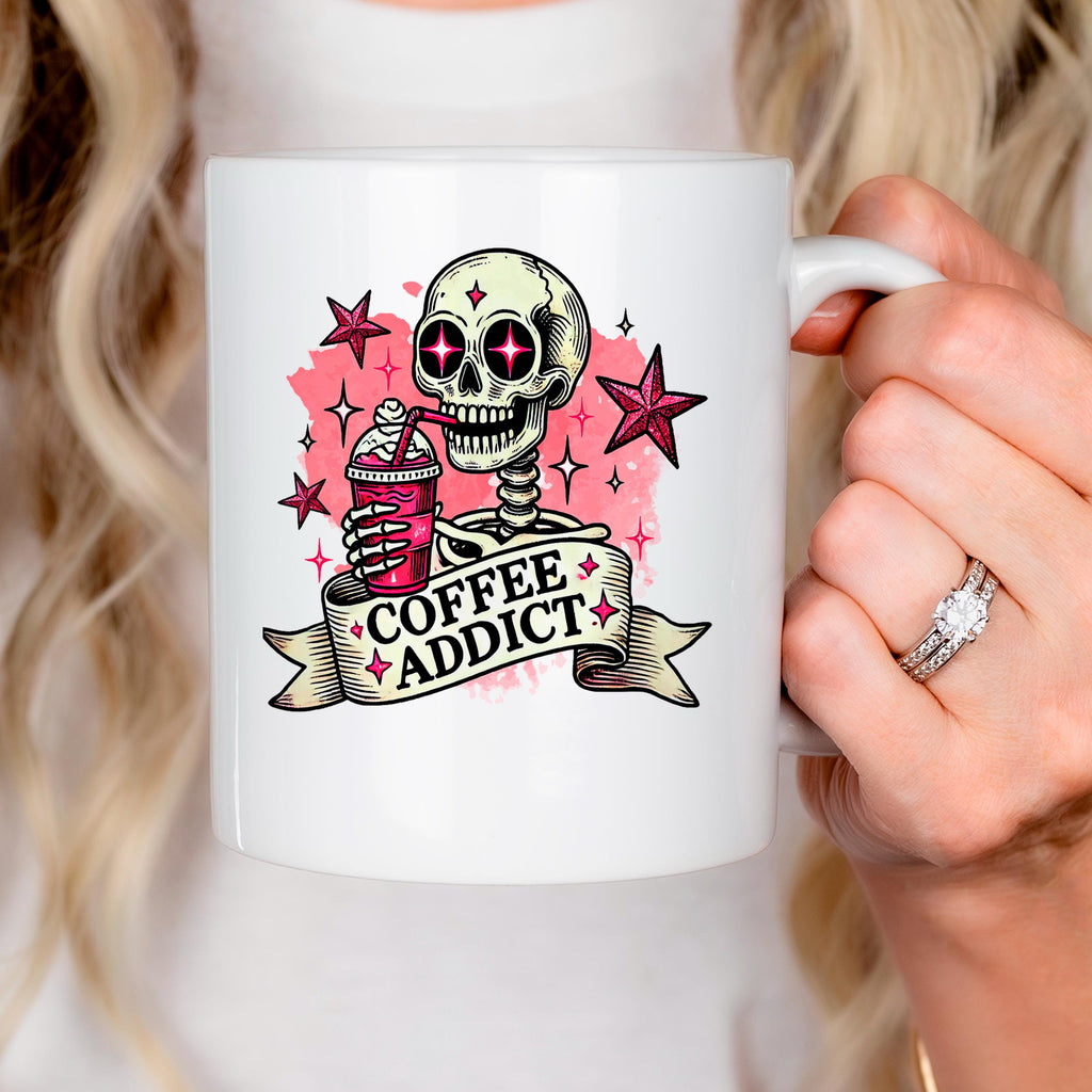 Coffee Addict Mug – Pink Skull Coffee Cup | Funny Caffeine Lover Gift, Ceramic, Dishwasher Safe