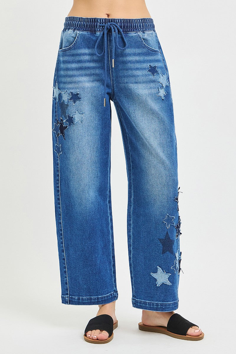RISEN Elastic Band Slouchy Cropped Barrel with Star Patch