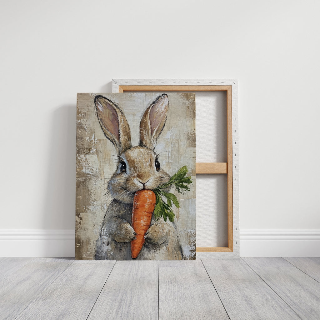 Adorable Bunny with Carrot – Rustic Farmhouse Animal Wall Art Print - Quarter Circle AK Boutique