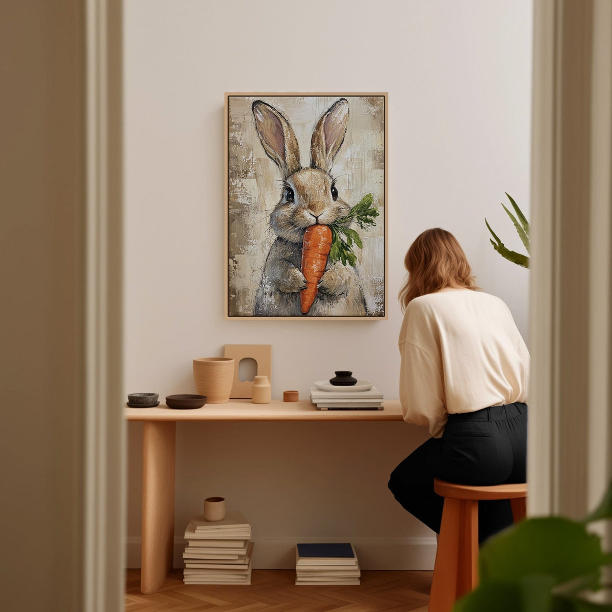 Adorable Bunny with Carrot – Rustic Farmhouse Animal Wall Art Print - Quarter Circle AK Boutique