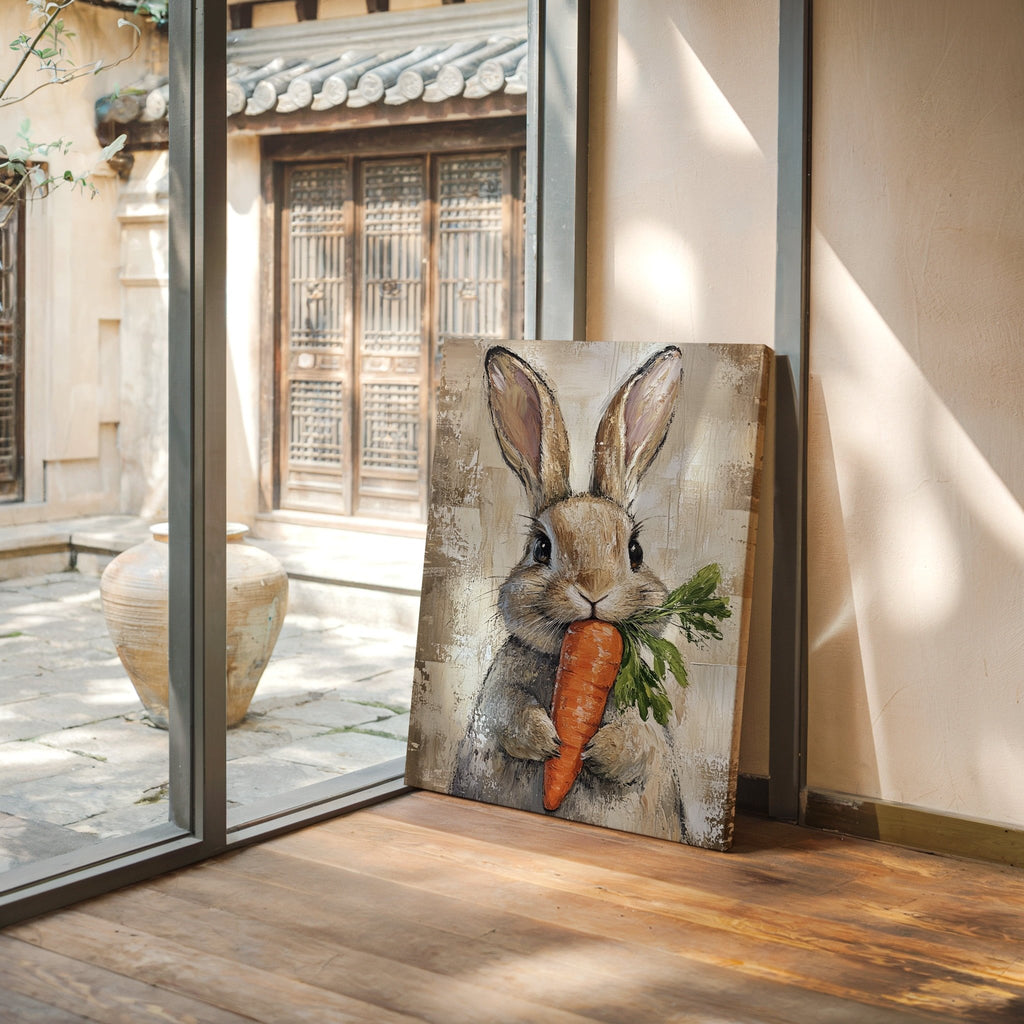 Adorable Bunny with Carrot – Rustic Farmhouse Animal Wall Art Print - Quarter Circle AK Boutique