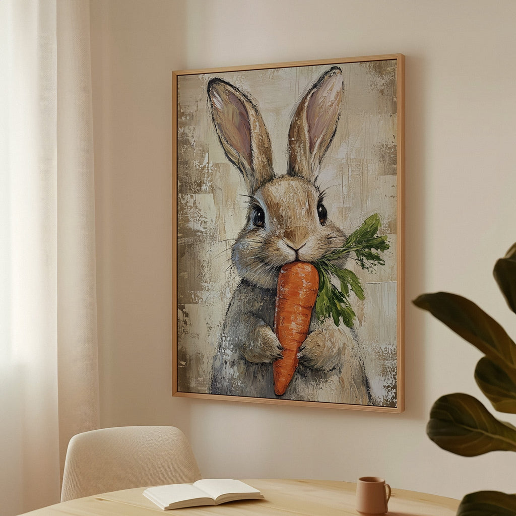 Adorable Bunny with Carrot – Rustic Farmhouse Animal Wall Art Print - Quarter Circle AK Boutique