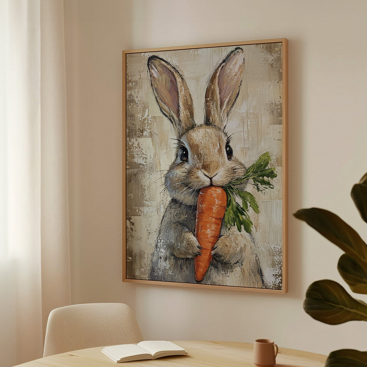 Adorable Bunny with Carrot – Rustic Farmhouse Animal Wall Art Print - Quarter Circle AK Boutique