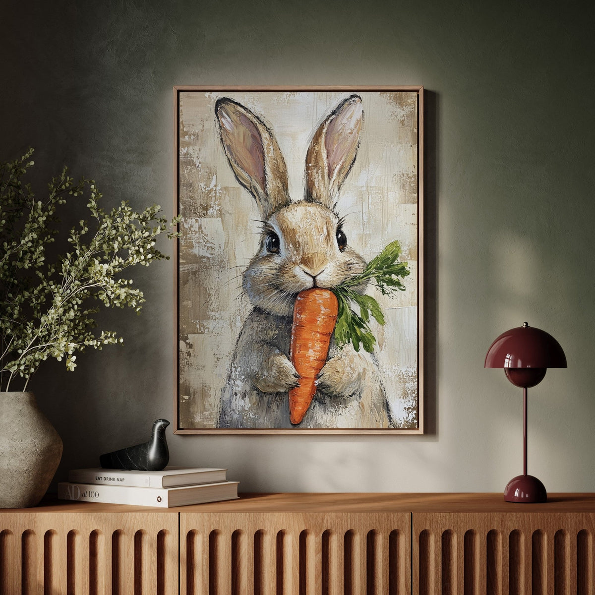 Adorable Bunny with Carrot – Rustic Farmhouse Animal Wall Art Print - Quarter Circle AK Boutique