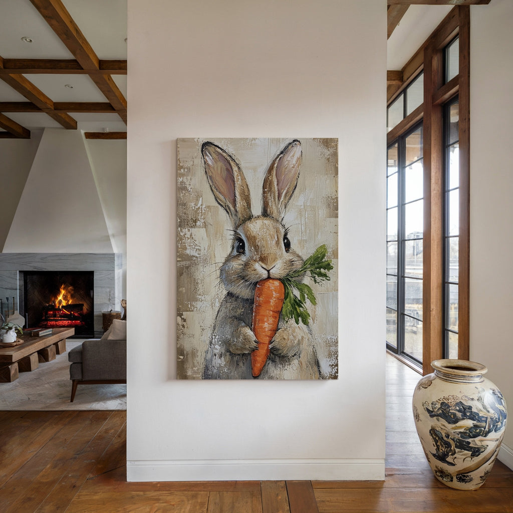 Adorable Bunny with Carrot – Rustic Farmhouse Animal Wall Art Print - Quarter Circle AK Boutique