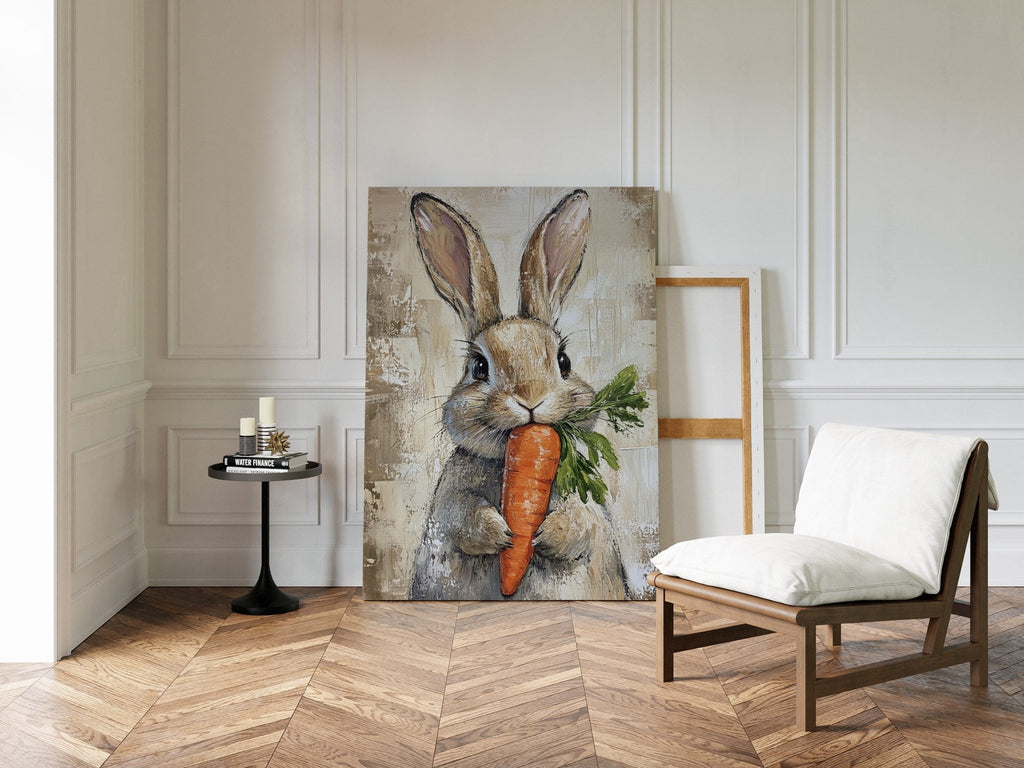 Adorable Bunny with Carrot – Rustic Farmhouse Animal Wall Art Print - Quarter Circle AK Boutique