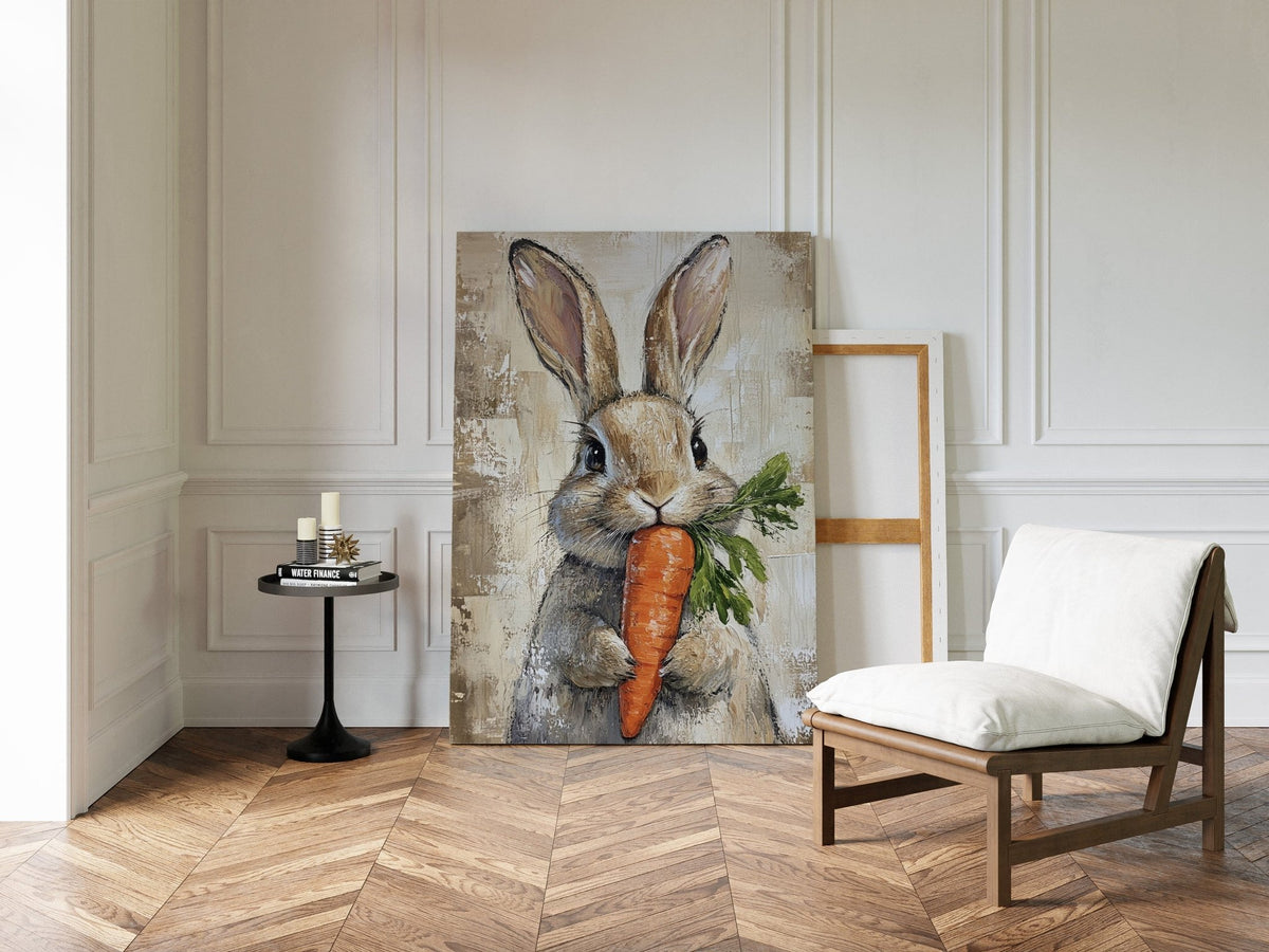 Adorable Bunny with Carrot – Rustic Farmhouse Animal Wall Art Print - Quarter Circle AK Boutique
