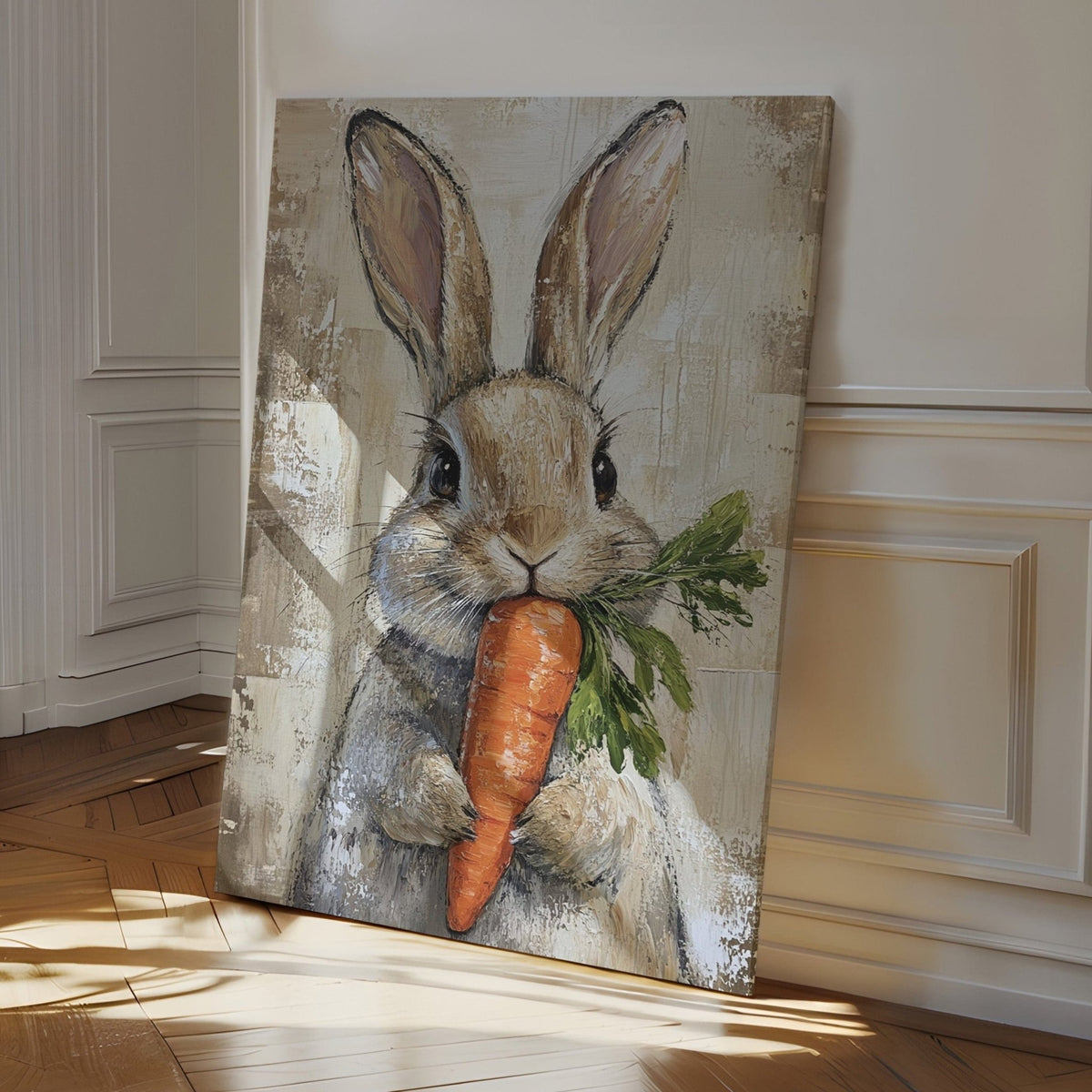 Adorable Bunny with Carrot – Rustic Farmhouse Animal Wall Art Print - Quarter Circle AK Boutique