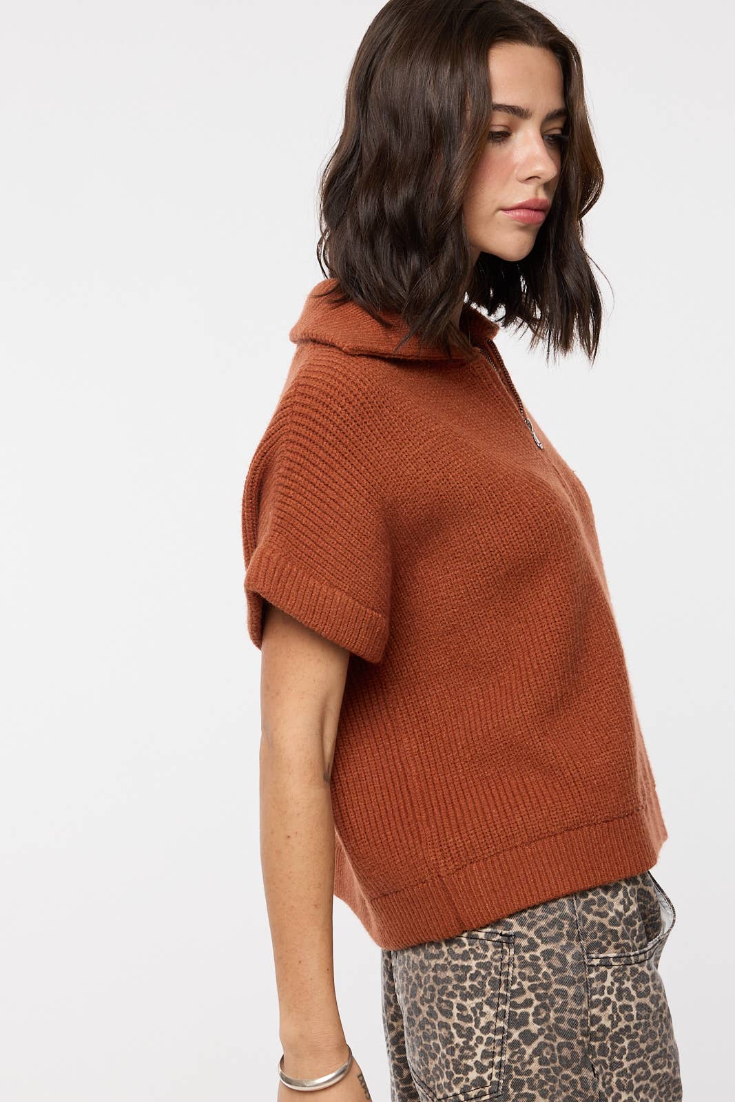Wishlist Apparel Rust Half-Zip Pullover Western Sweater — Short Sleeve with Classic Collar Relaxed Fit