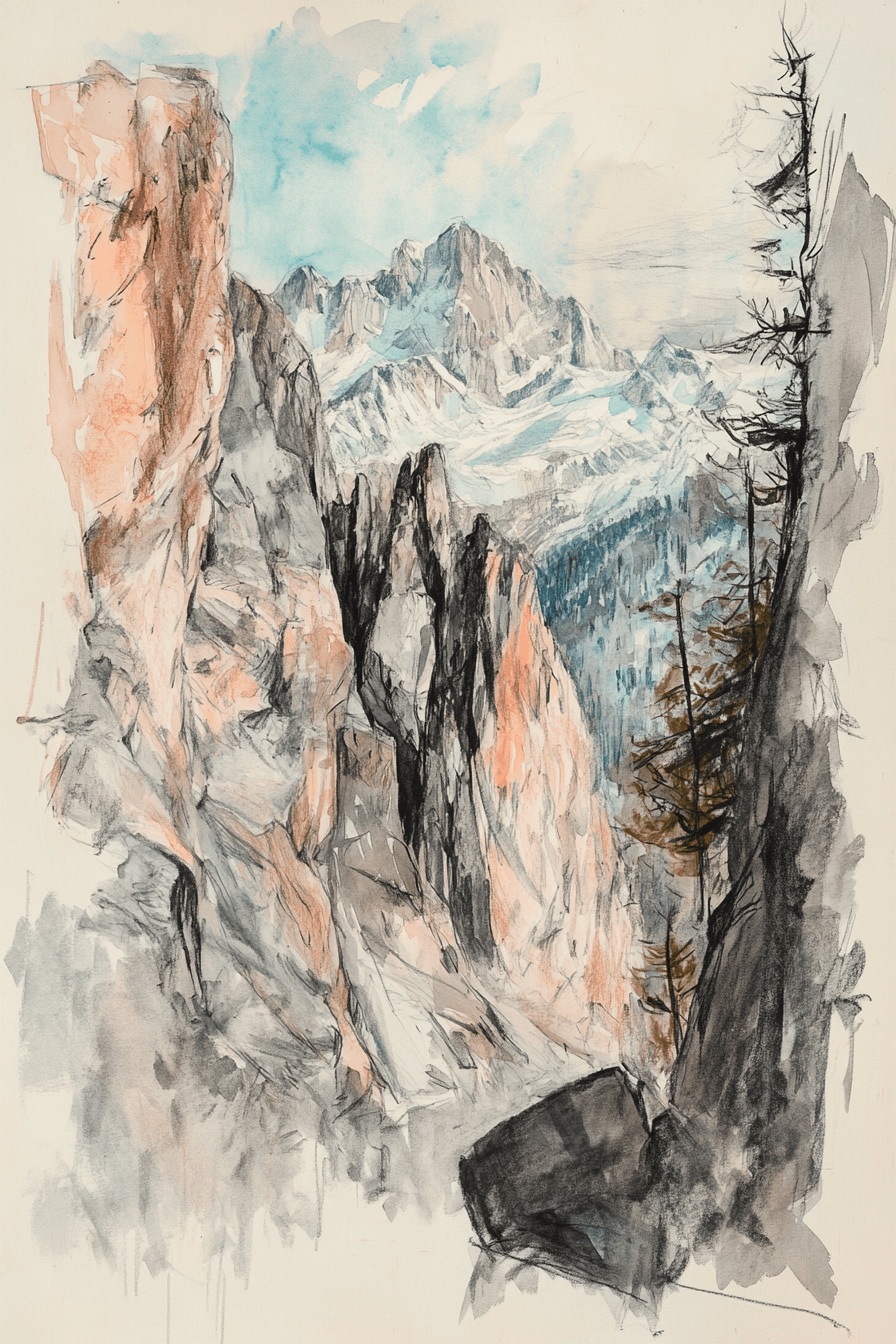 Alpine Canyon Watercolor Print – Mountain Cliff Wall Art - Quarter Circle AK Boutique