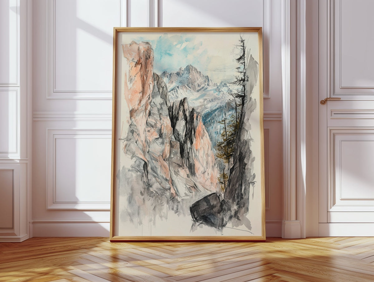Alpine Canyon Watercolor Print – Mountain Cliff Wall Art - Quarter Circle AK Boutique