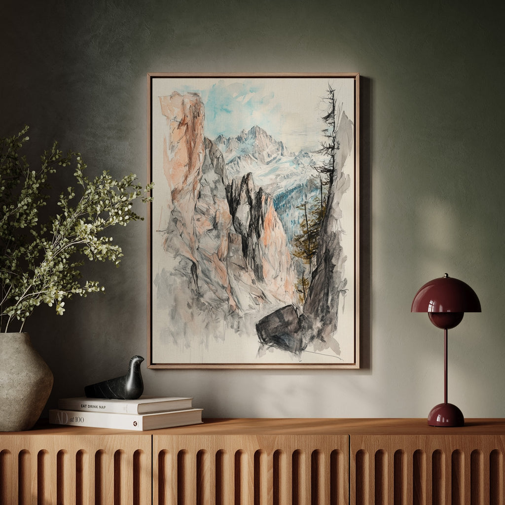 Alpine Canyon Watercolor Print – Mountain Cliff Wall Art - Quarter Circle AK Boutique
