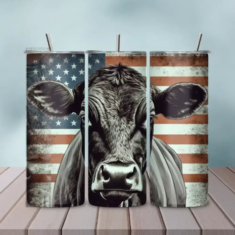 Angus Cow American Flag Skinny Tumbler, 20oz - Patriotic Rancher Gift
