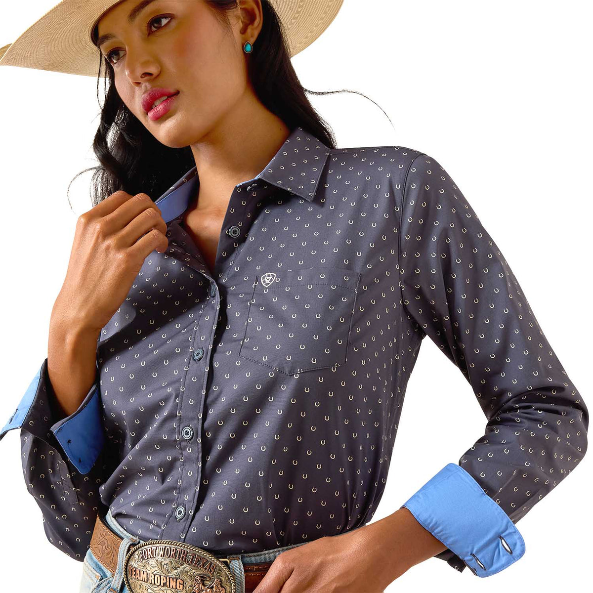 Ariat Women's Kirby Long Sleeve Collared Button-Down Shirt – Rider-Tested Stretch Poplin Equestrian Top - Quarter Circle AK Boutique