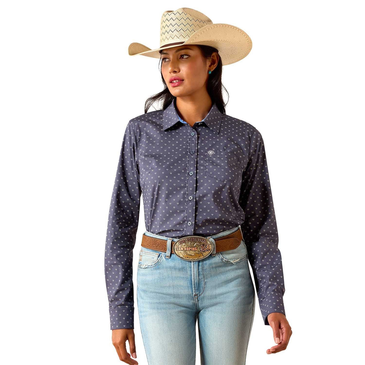 Ariat Women's Kirby Long Sleeve Collared Button-Down Shirt – Rider-Tested Stretch Poplin Equestrian Top - Quarter Circle AK Boutique