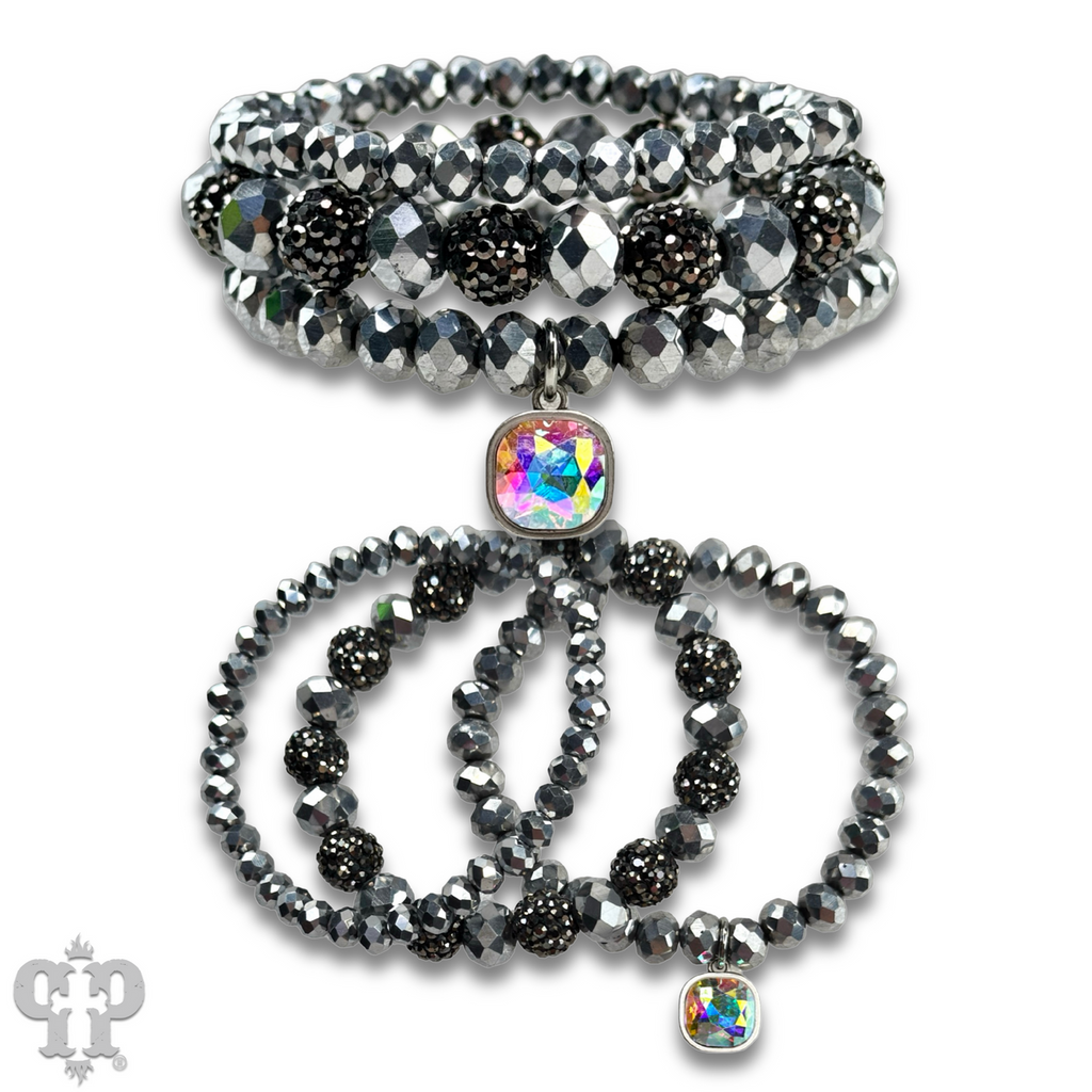 Pave ball and glossy glass bead bracelet with a European crystal