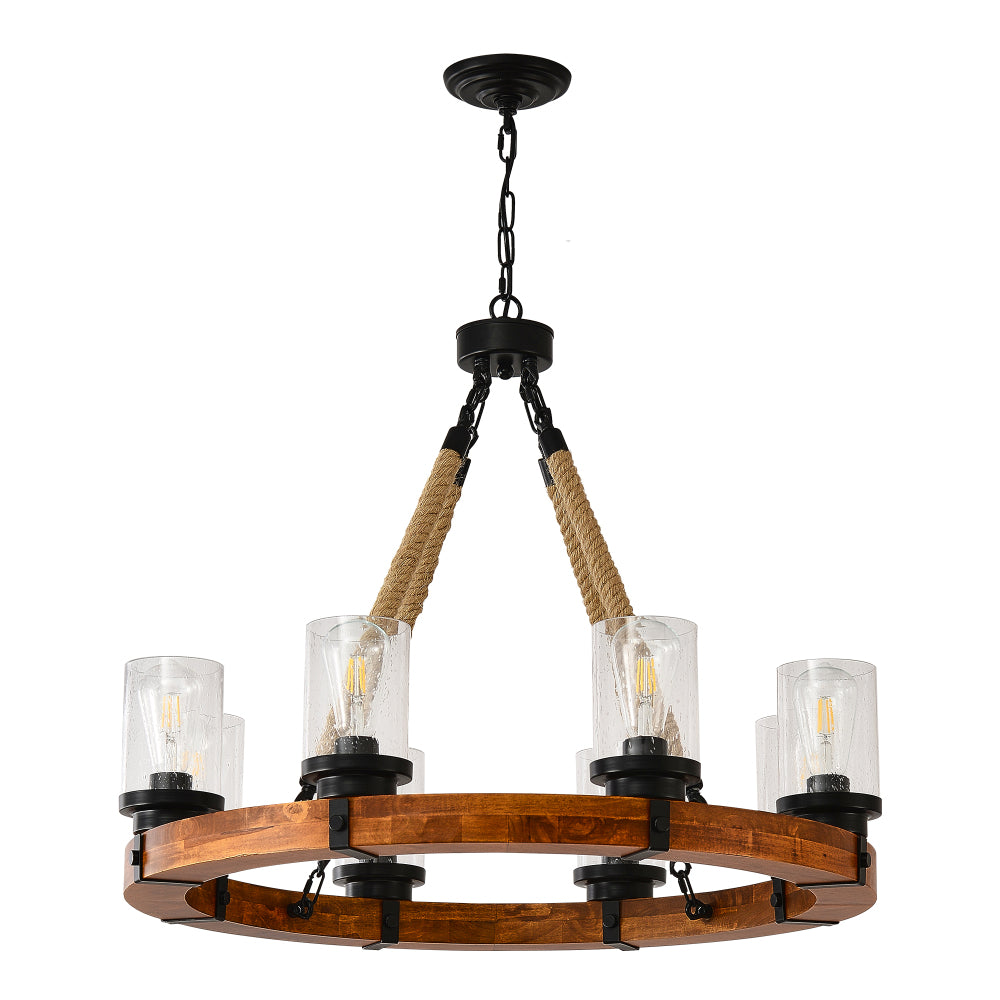 8-Light Rustic Wagon Wheel Chandelier | 31" Wood Frame & Seeded Glass, Farmhouse Industrial Pendant