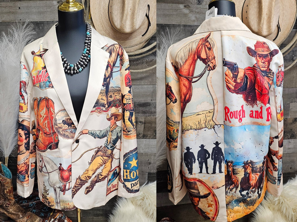 Baha Ranch Old West Cowboy Western Cowgirl Vintage Retro Women's Blazer - Quarter Circle AK Boutique