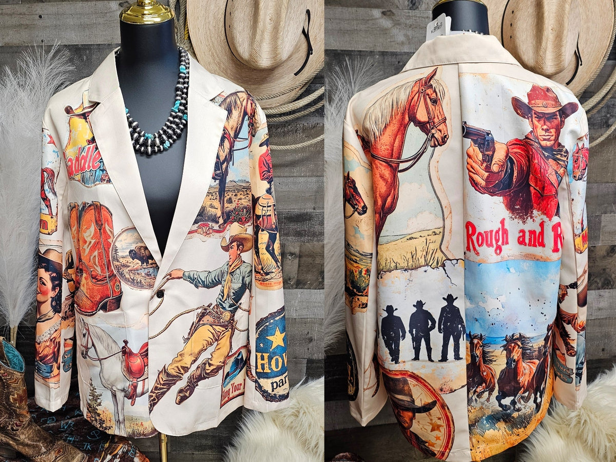 Baha Ranch Old West Cowboy Western Cowgirl Vintage Retro Women's Blazer - Quarter Circle AK Boutique