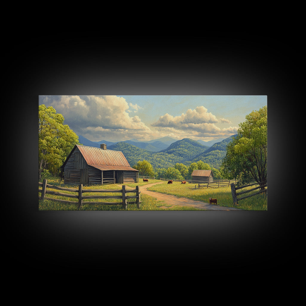 Barn Landscape Oil Painting Canvas Print, Rustic Farmhouse Home Decor, Modern Farm House Wall Art, Barn Wall Art, Barn Decor - Quarter Circle AK Boutique