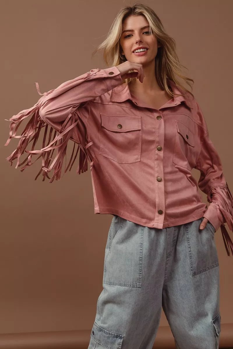 BiBi Suede Fringe Long Sleeve Jacket - Quarter Circle AK Boutique
