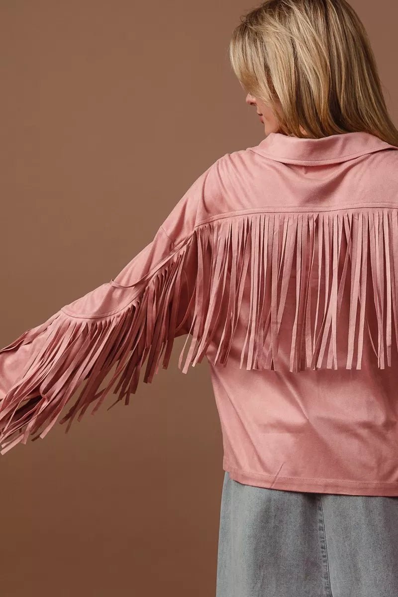 BiBi Suede Fringe Long Sleeve Jacket - Quarter Circle AK Boutique