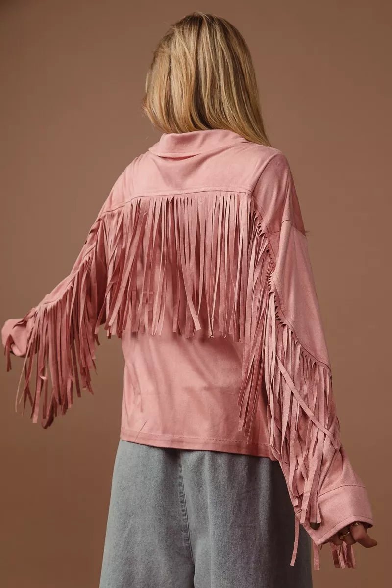 BiBi Suede Fringe Long Sleeve Jacket - Quarter Circle AK Boutique