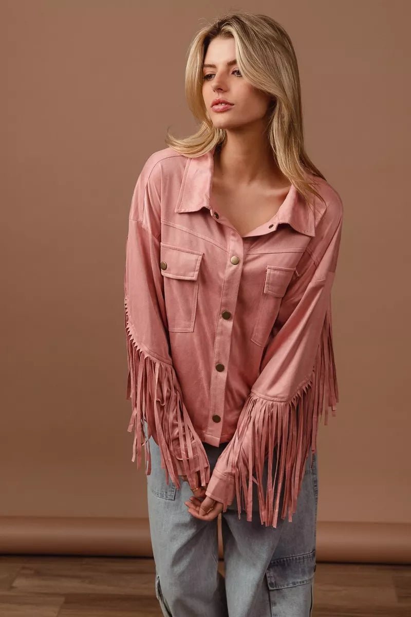 BiBi Suede Fringe Long Sleeve Jacket - Quarter Circle AK Boutique