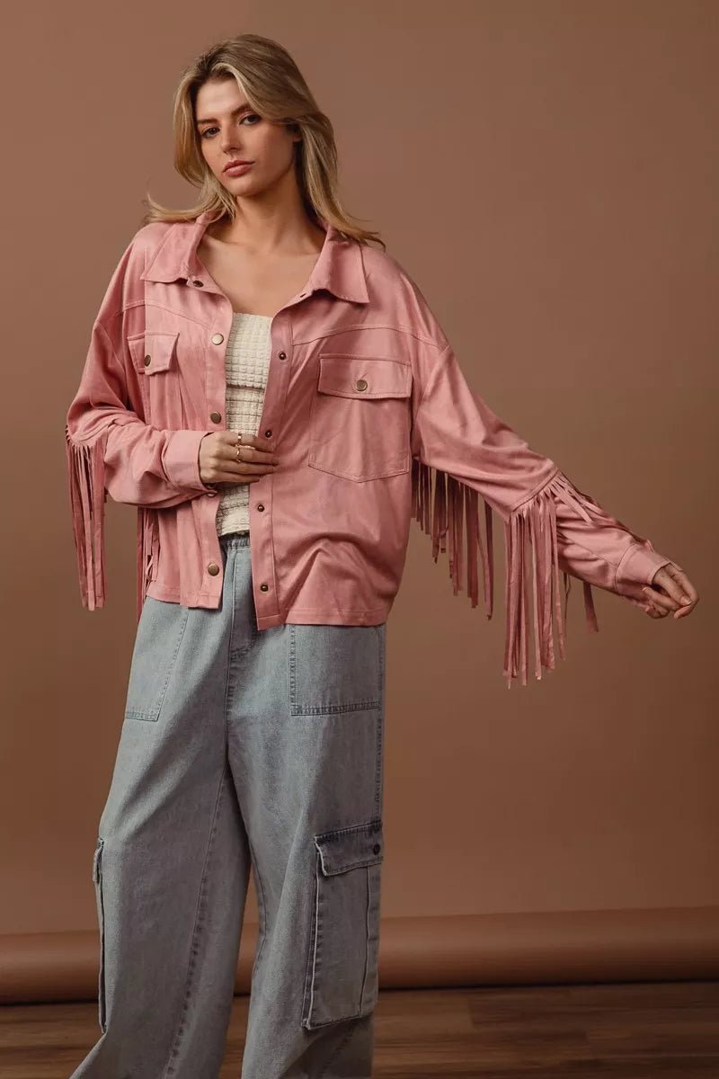 BiBi Suede Fringe Long Sleeve Jacket - Quarter Circle AK Boutique