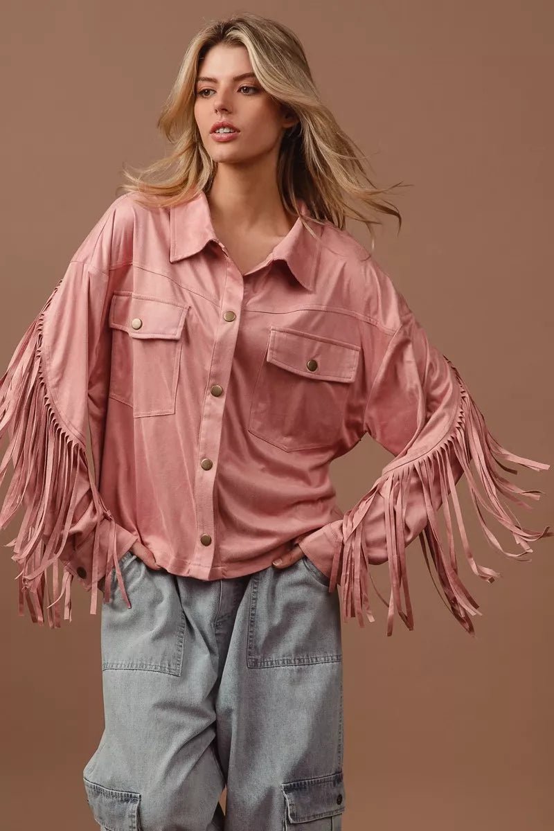 BiBi Suede Fringe Long Sleeve Jacket - Quarter Circle AK Boutique