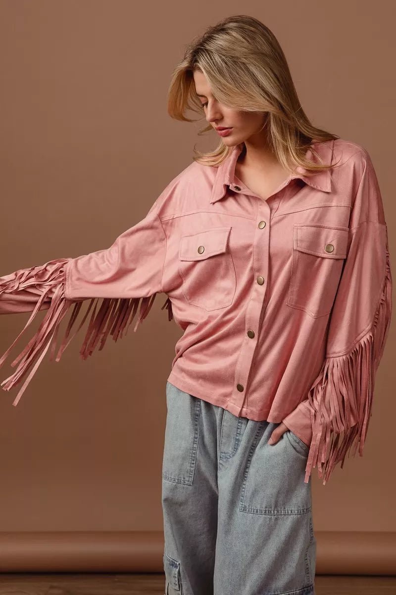 BiBi Suede Fringe Long Sleeve Jacket - Quarter Circle AK Boutique